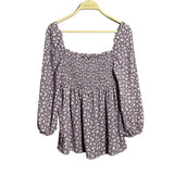 Pink Lily Blouse Women Size M Smock Ruched Boho Hippie Retro Purple White Flower Lily