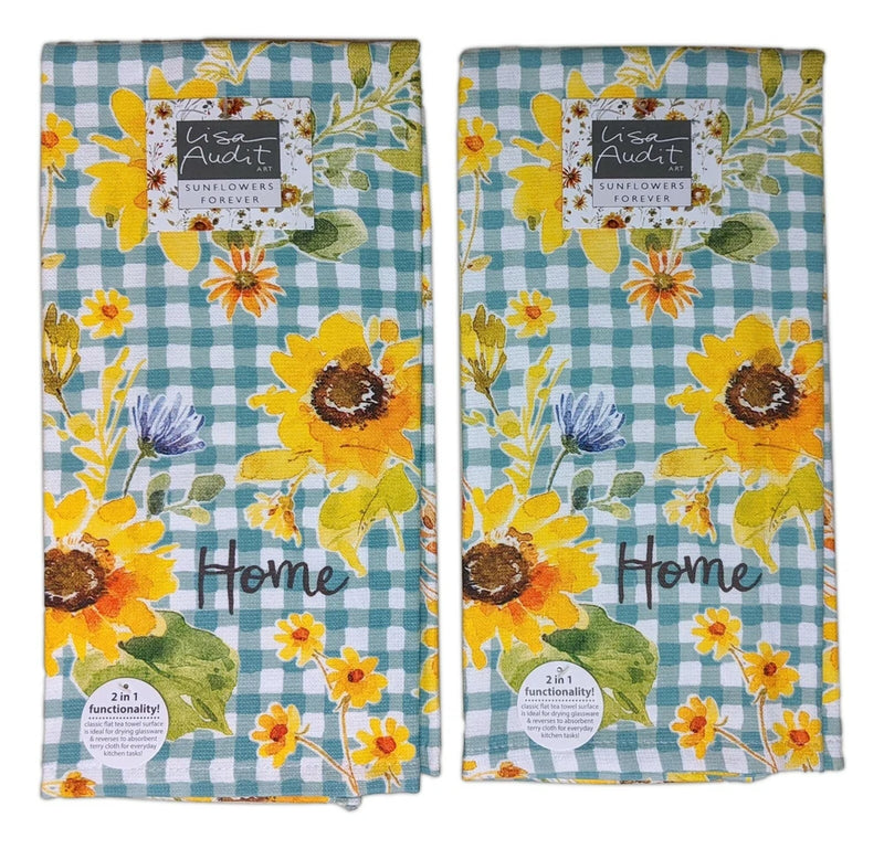 Set of 2 blue check kitchen towels with sunflower print and 'Home' text