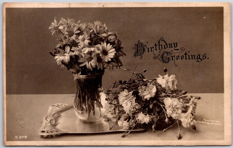 Birthday Greetings, Sepia Bouquet of Daisies & Carnations, Still Life, Postcard Carnation