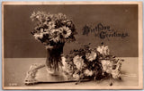 Birthday Greetings, Sepia Bouquet of Daisies & Carnations, Still Life, Postcard Carnation