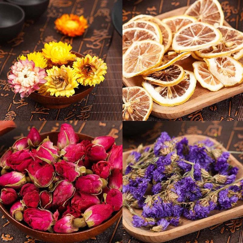 Assorted dried flower tea potpourri in bowls with yellow, pink, and purple petals