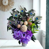 Peacock Centerpiece: Purple & Green Floral Arrangement, Cute Earthy Home Decor Hydrangea