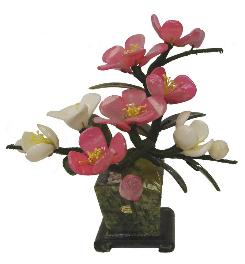 Jade peony flower bouquet with pink and white peonies in green jade vase