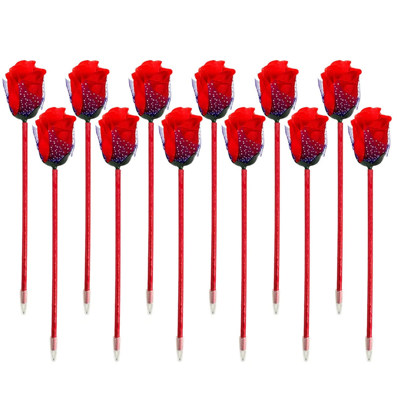 Set of 12 rose-themed ballpoint pens with red flower caps and white barrels