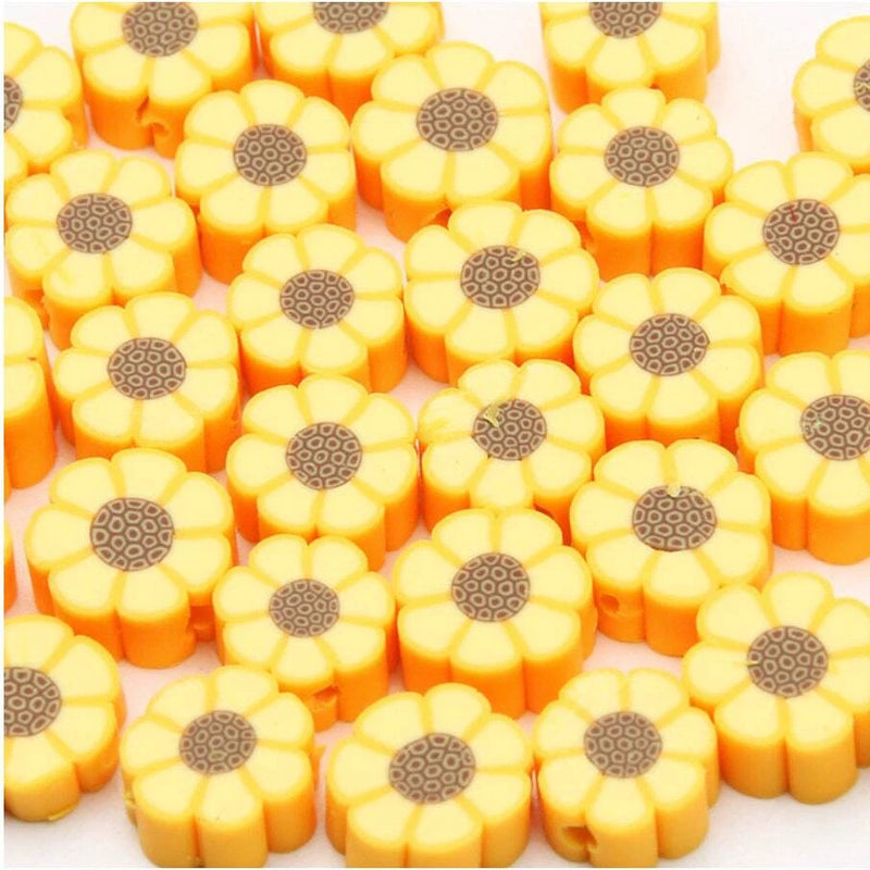 Yellow sunflower polymer clay beads, five-petal flower shapes with brown textured centers