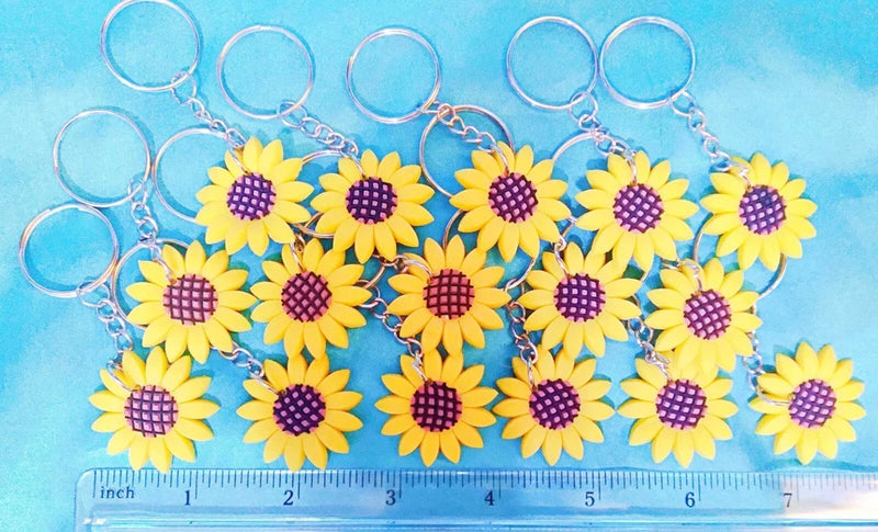 Sunflower flower rubber keychain set, multiple yellow flower charms on key rings and chains