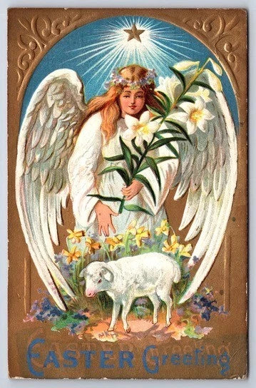 Easter Postcard Angel Star Lilies Lamb Yellow Flowers DB Posted 1909 Lily