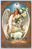 Easter Postcard Angel Star Lilies Lamb Yellow Flowers DB Posted 1909 Lily