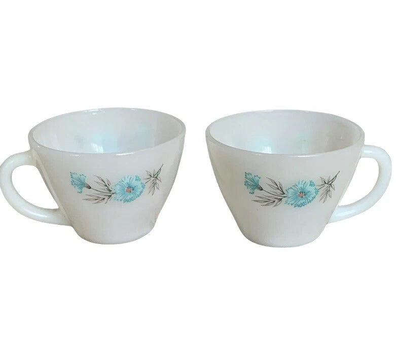 Vintage Fire King teacups set of 2, white with blue floral and leaf print
