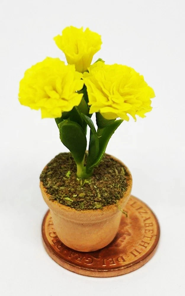 1:12 scale dollhouse yellow carnation bouquet in terracotta ceramic pot