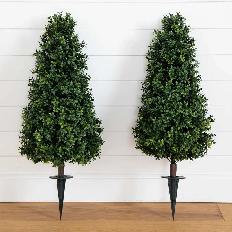 3' Artificial Boxwood Plant with Integrated Ground Stake UV Resistant Set of 2. Green Plant