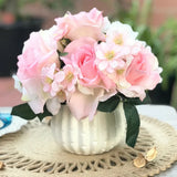 Open Rose and Mixed Flower Arrangement in White Ceramic Vase with Acrylic Water Hydrangea