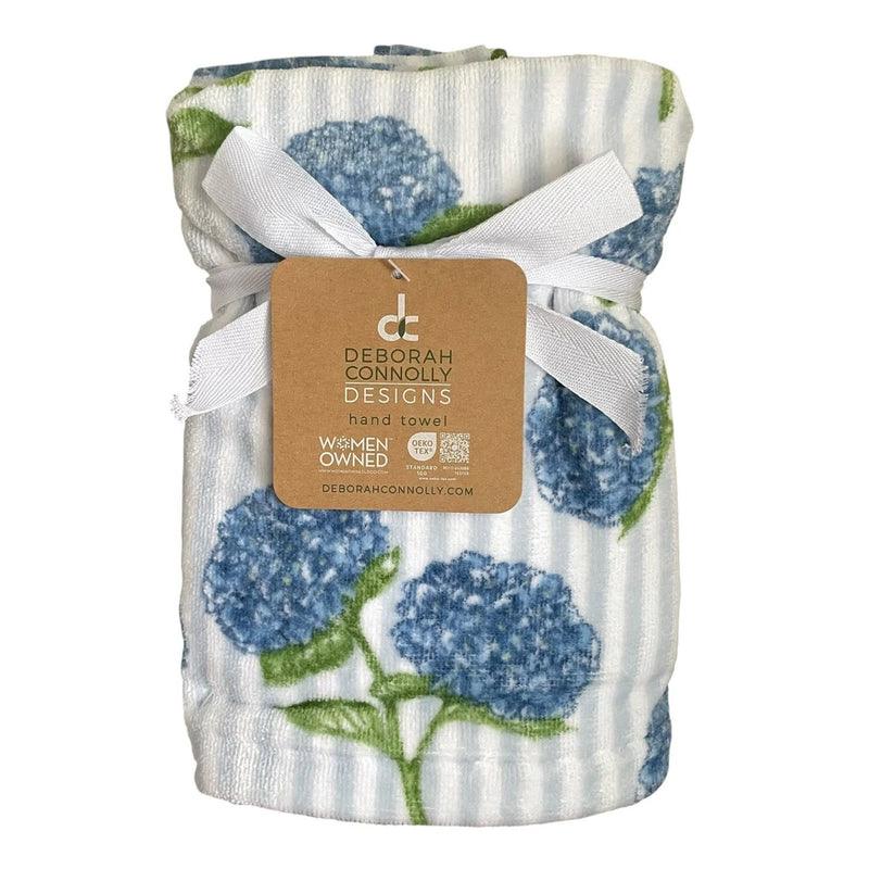 2pc Deborah Connolly Hydrangea Hand Towel Set Blue Striped Floral Spring Cottage Hydrangea
