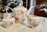 Grace Teaware Porcelain Tea Set Camellia Hydrangea Teapot, Sugar Dish, Creamer Hydrangea