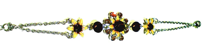 Silver-plated sunflower enameled bracelet with three black bead accents, chain links