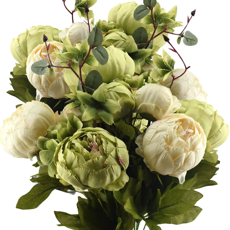Artificial peony flower bouquet with cream and moss green silk blooms and leaves