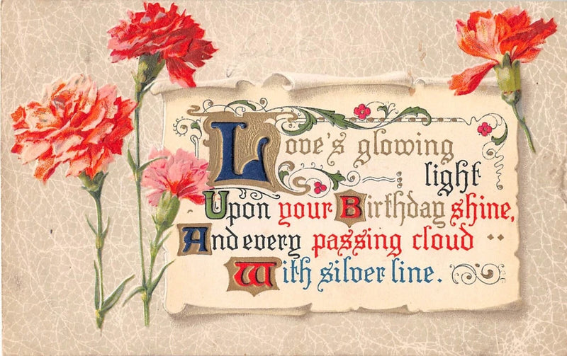 Pretty Carnations by Motto on 1910 Birthday Postcard Carnation