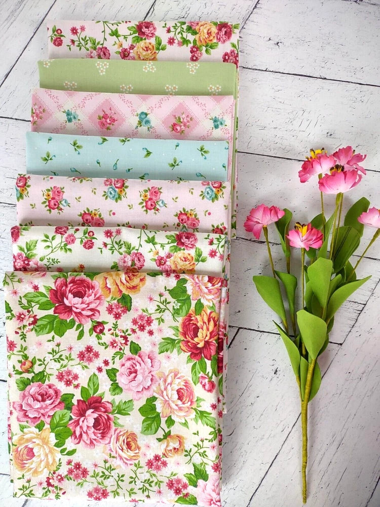 SERENE GARDEN Mary Jane Carey Shabby Chic Henry Glass Fabrics 7 fat quarters Flowering Plants