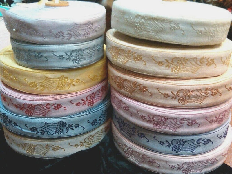 Vintage embroidered silk satin trim rolls with basket-flower floral pattern, pastel colors