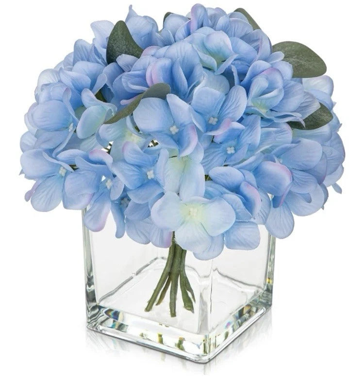 Artificial Silk Hydrangea In Vase With Faux Water In Cube Vase Hydrangea