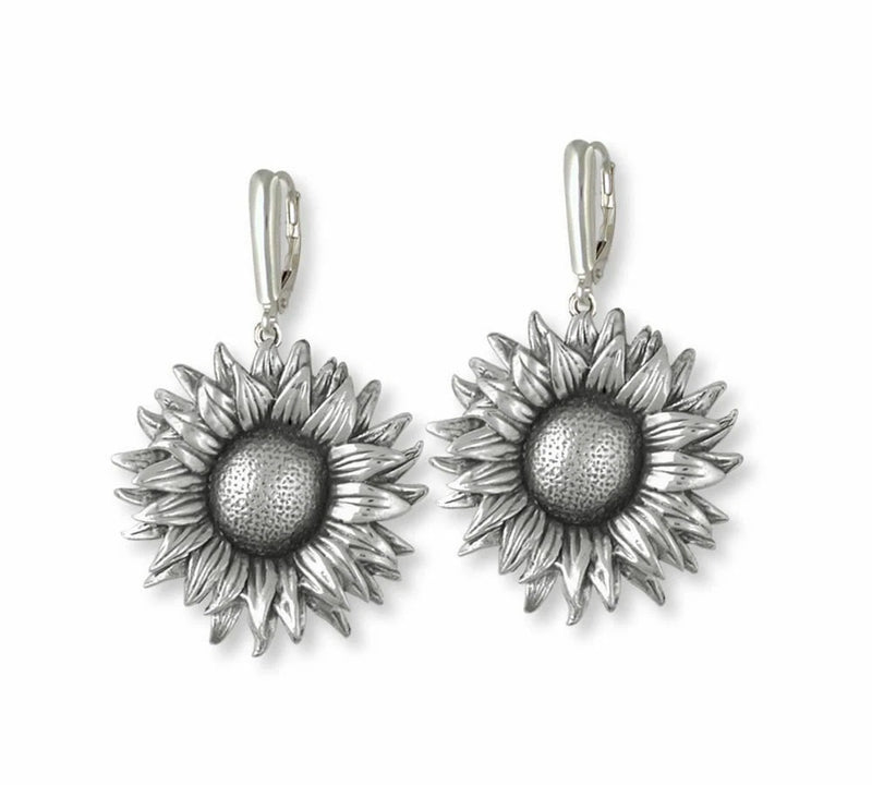 Sterling silver sunflower drop earrings with textured petals and round center