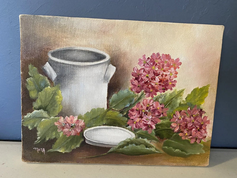 Original Art Painting Canvas Milk Can Pink Hydrangea Floral Flowers Cottagecore Hydrangea