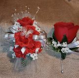 NEW 6" Artificial Red Rose Wrist Corsage Pearls, Butterfly Silver Bow Red Bout Bouquet