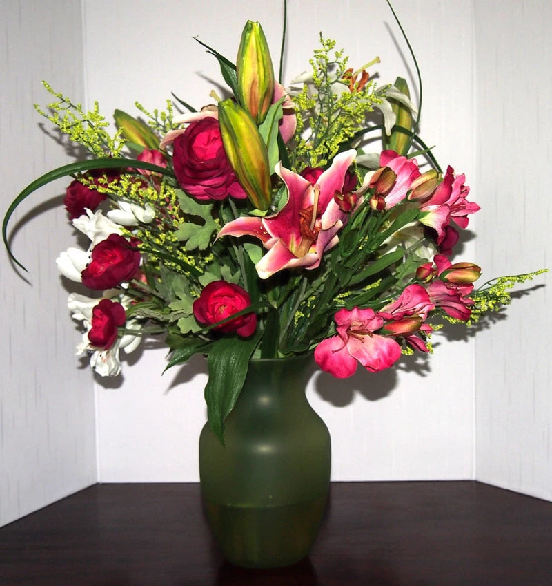Silk Stargazer Lilies, Daylilies, Ranunculus & Alstroemeria In Green Glass Vase Ranunculus