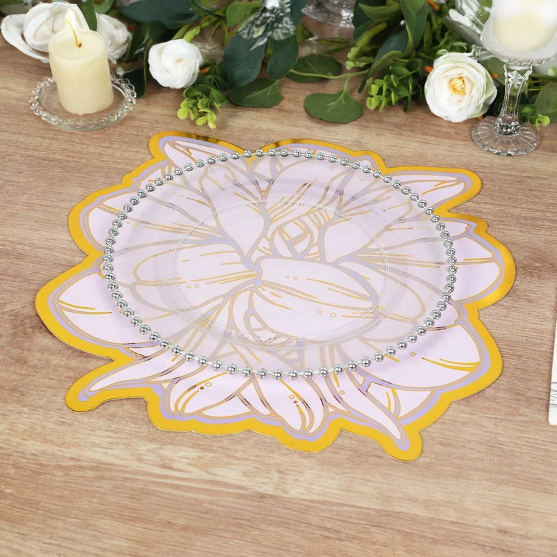 10 LAVENDER Peony Flower Print with GOLD Foil Edges Cardboard Placemats Lilac Peony