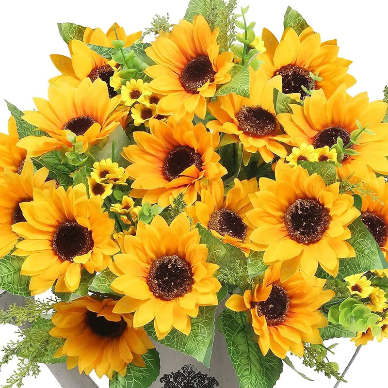 Artificial sunflower bouquet with bright yellow blooms, dark centers, and green leaves