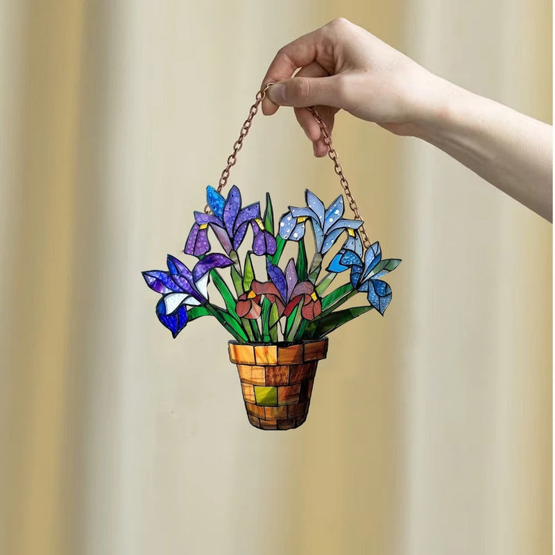 Colorful floral acrylic suncatcher window hanging with chain, in a potted bouquet