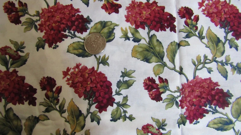 SUMMERY Vintage DARK PINK HYDRANGEA FLOWERS On WHITE 2000's COTTON Fabric - 2 yd Hydrangea
