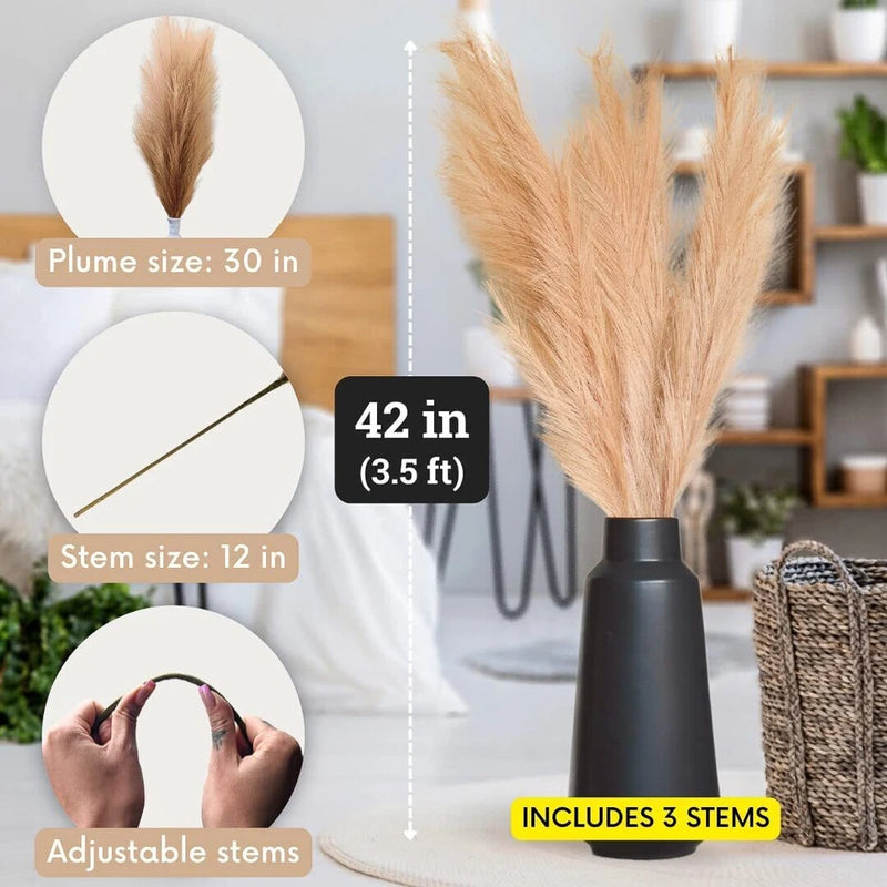 Faux Pampas Grass Decor Tall Set of 3 Stems 42 Inches Boho Large Artificial Pampas Grass