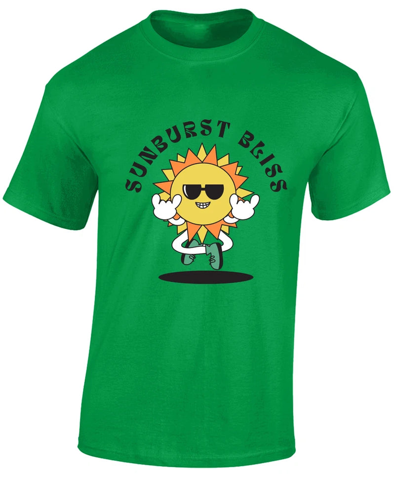 Green unisex T-shirt with sunflower sunburst graphic and cartoon character front print