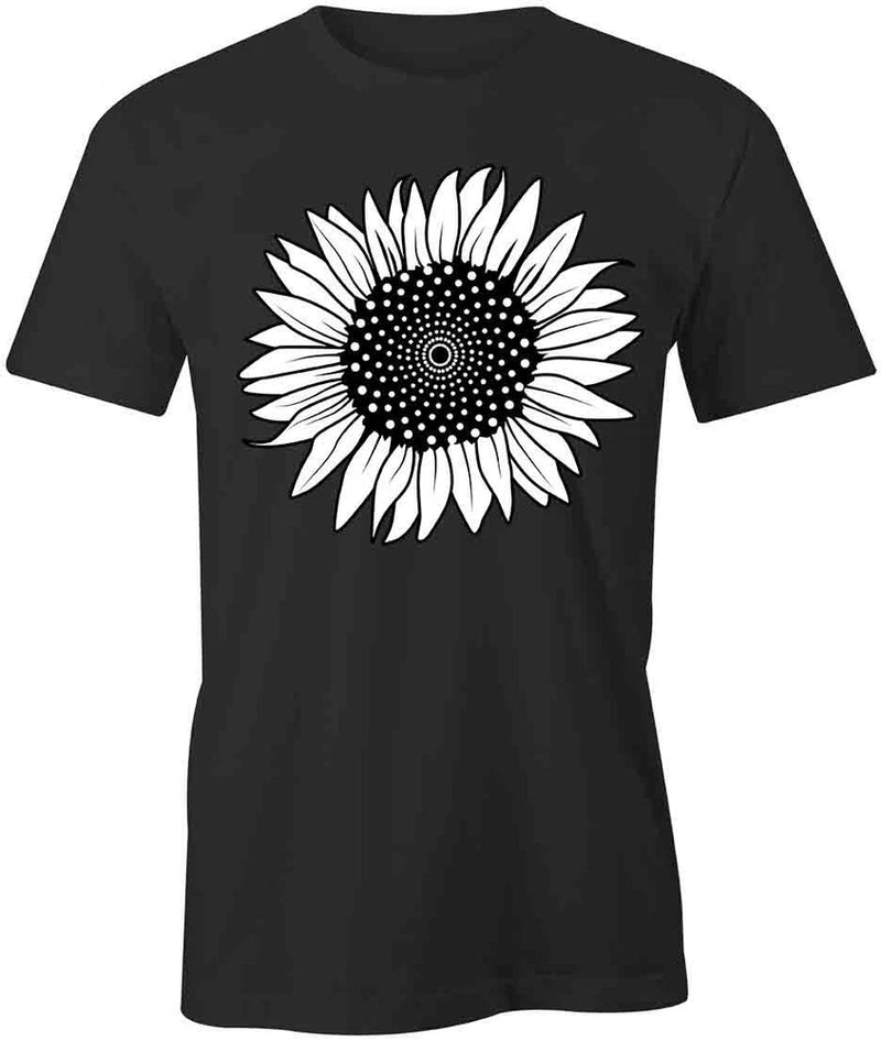 Black short-sleeve cotton T-shirt with large white sunflower front graphic