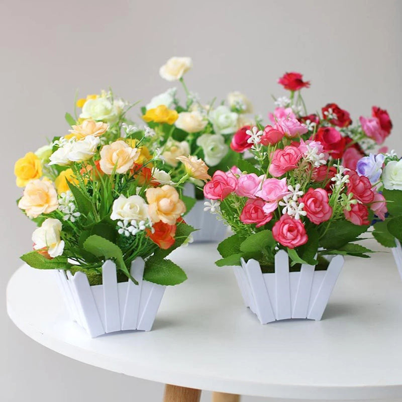 Artificial potted flower arrangement set, white ribbed pots with green leaves and multicolor roses