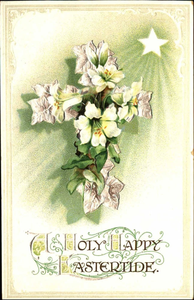 Easter postcard ~ BB beautiful design flowers cross star lilies Eastertide~c1910 Lily