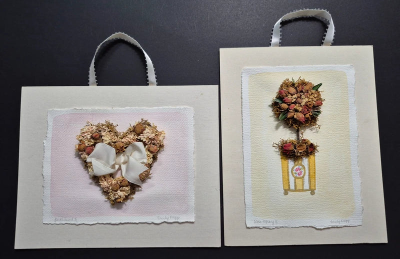 Set of two dried-flower botanical art prints: heart wreath and hanging urn