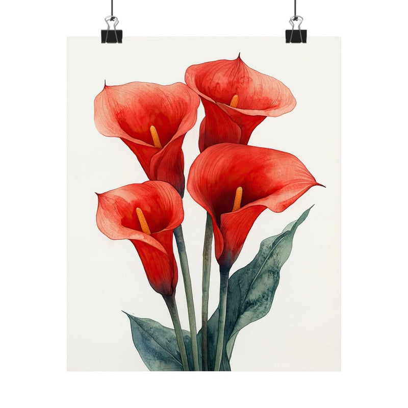 Red calla lily floral art print poster with minimalist blooms and green leaves