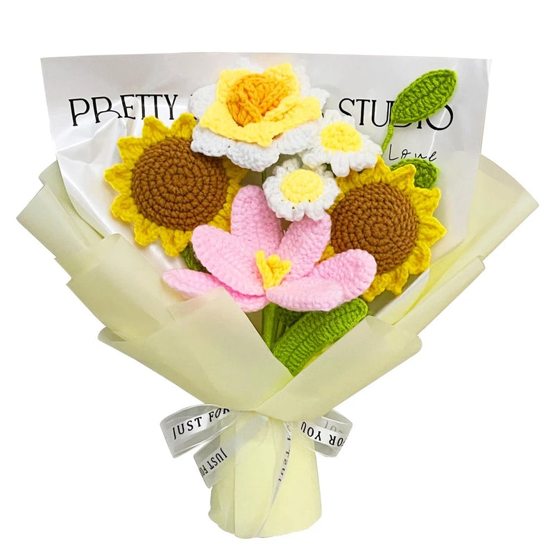 Crochet flower bouquet with yellow sunflowers, white daisy accents, and pink blooms