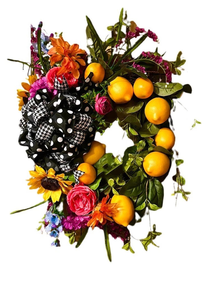 Free Shipping Summer Lemon Wreath Outdoor Peony Floral Mix Pink Yellow Orange Hydrangea