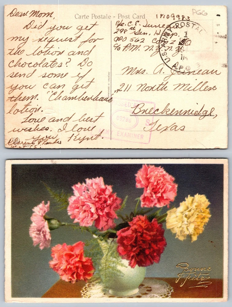 Carnation flower bouquet postcard with pink and red blooms in a glass vase