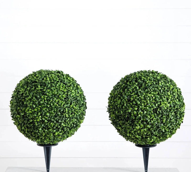 Artificial green boxwood ball topiary set with ground stakes, two round shrubs