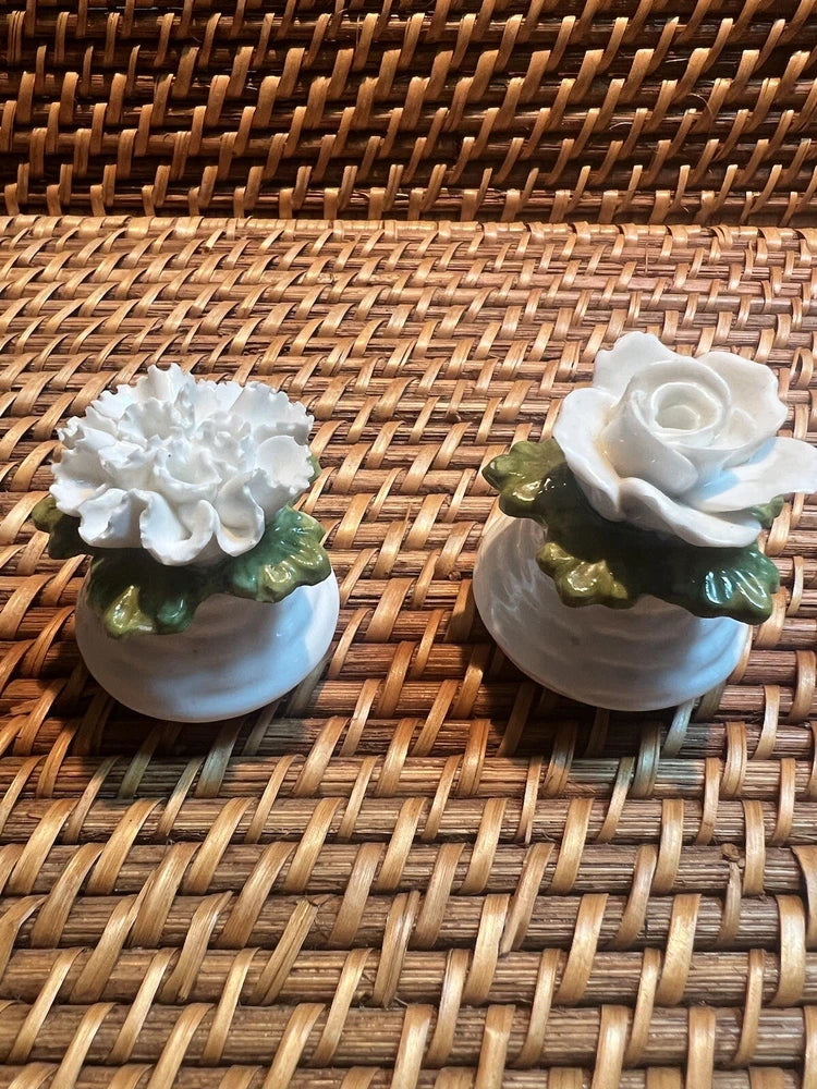 Floral porcelain salt and pepper shakers, white with rose accents, gold trim and green leaves