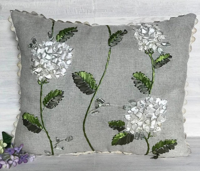 SPRING FLOWERS VINTAGE HANDMADE GRAY LINEN PILLOW W/ RIBBON HYDRANGEA- 16"x14" Hydrangea
