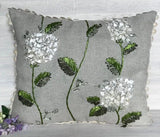 SPRING FLOWERS VINTAGE HANDMADE GRAY LINEN PILLOW W/ RIBBON HYDRANGEA- 16"x14" Hydrangea