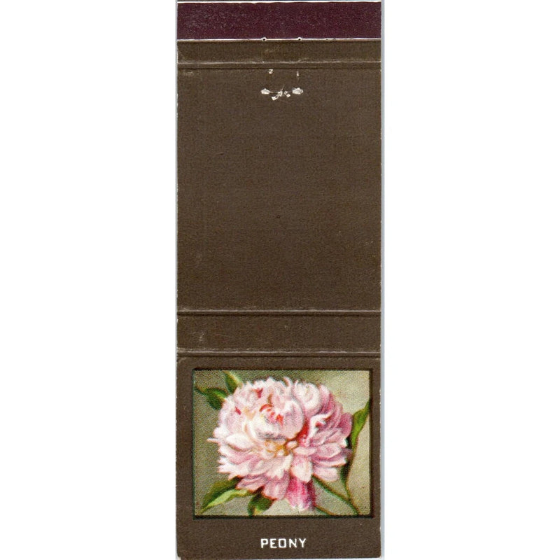 Peony flower diamond matchbook cover, dark brown with framed peony artwork