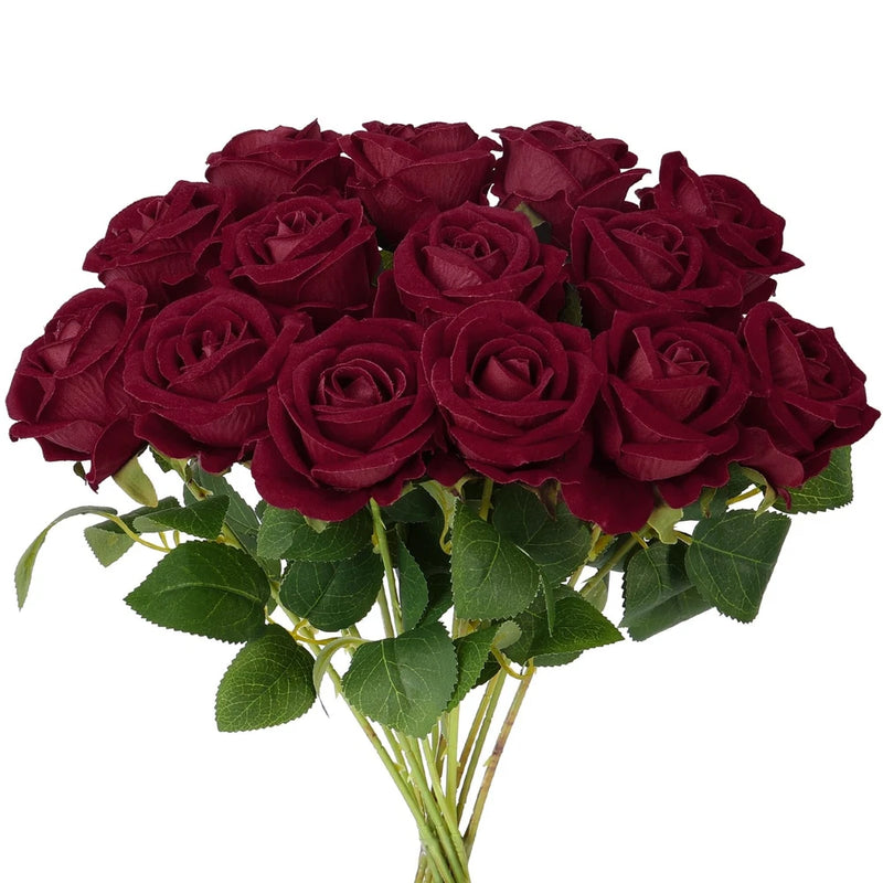 Burgundy artificial rose bouquet with velvet-style blooms and green leaves on stems