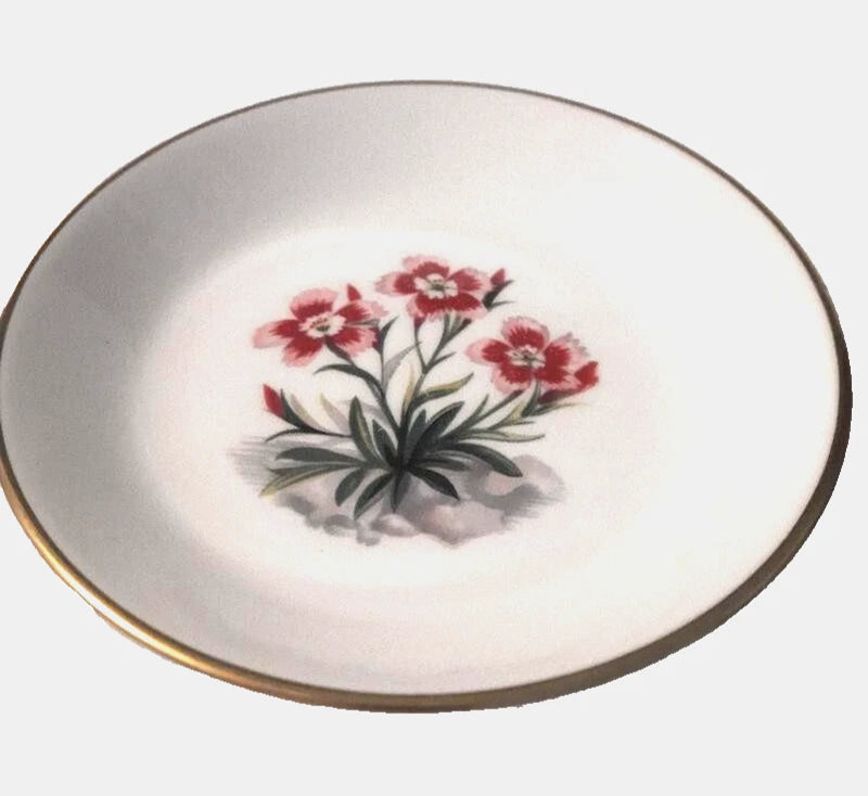 Vintage-Royal Worcester -Carnation Flowers-England Trinket Dish-Gold Rim Carnation