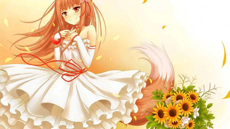 Anime-themed gaming mat print: orange-haired girl in white dress with sunflower bouquet